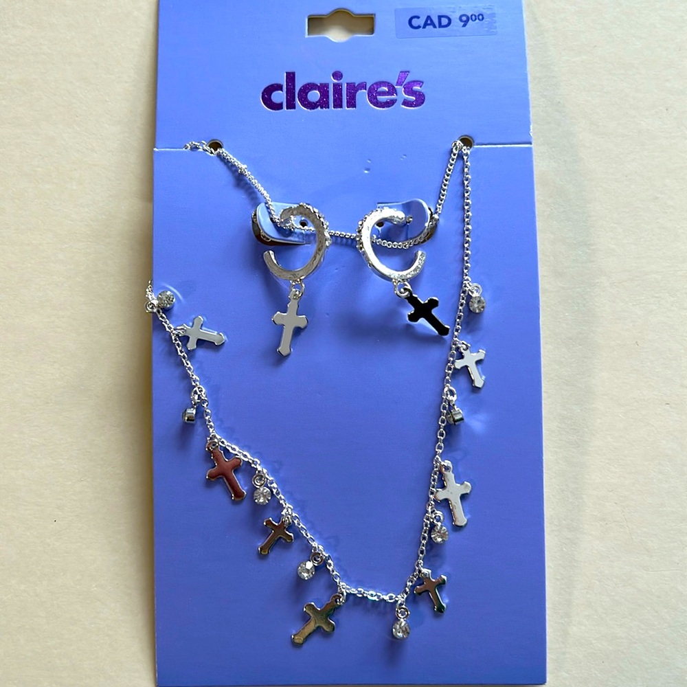 Silver cross earrings and necklace set with zircons